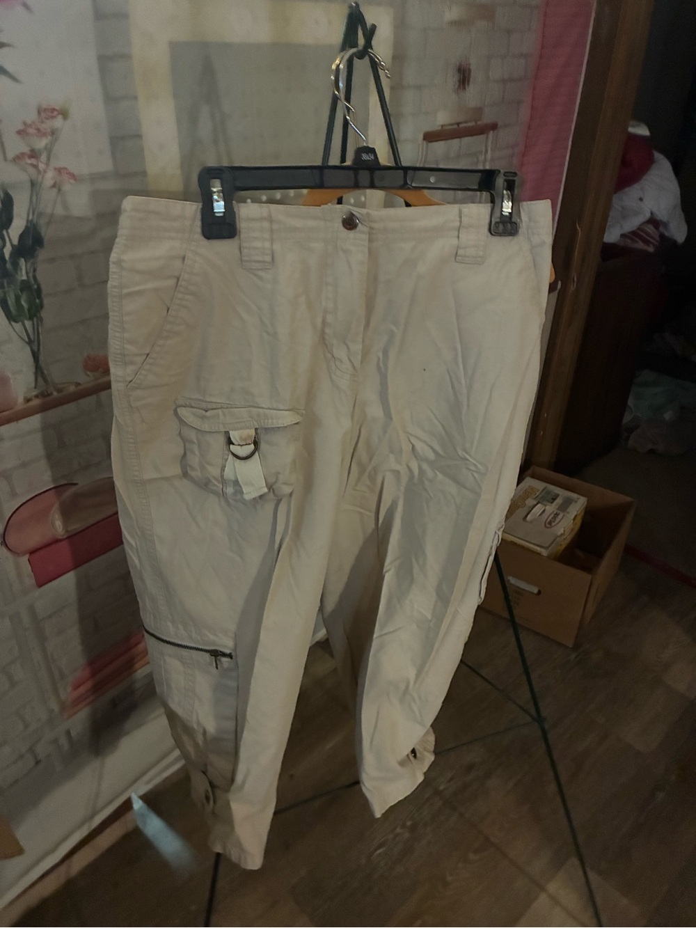 Women's Beige Cargo Capris with Utility Pockets and Buckle Detail